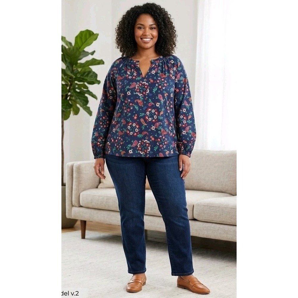 Croft & Barrow PXXL Blouse Petite 2X Navy Blue Paisley Floral Popover Top Cotton